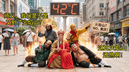 唐僧师徒误入重庆42℃高温 AI图片模板效果预览